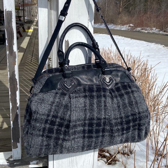 Rare! L.L. Bean Plaid Alpaca Wool Leather Handle Purse Satchel Handbag - Picture 3 of 13